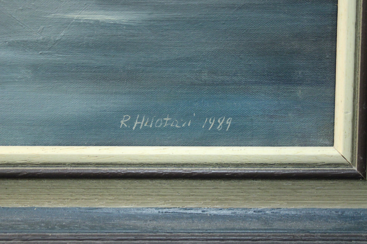 R. Huotariの署名 1989年、油彩画、フィンランドの風景画