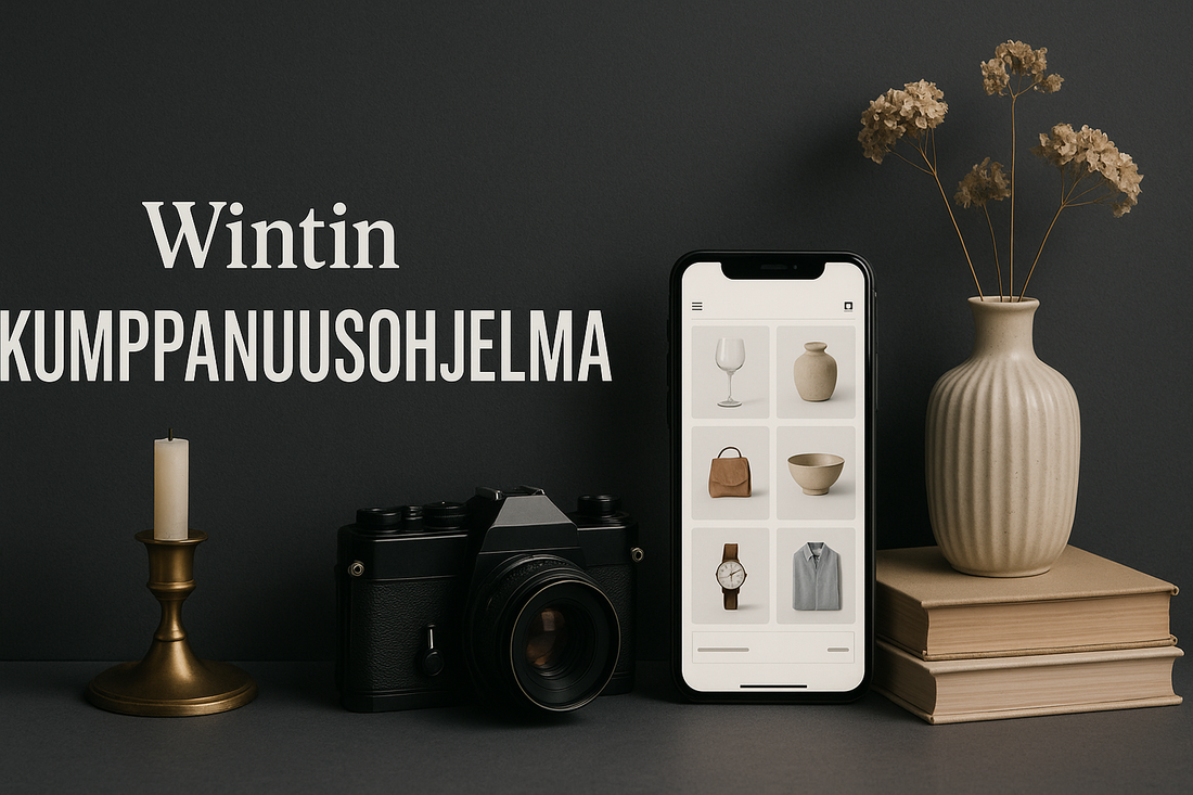 Wintin kumppanuusohjelma – puhelimessa Wintin second hand -tuotteita; vierellä vintage-kamera, maljakko, kirjat ja kynttilä.