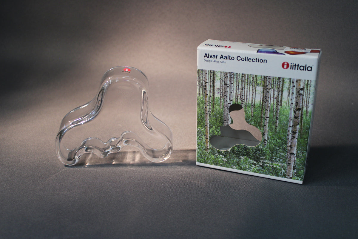 Iittala Aalto-malja kirkas, alkuperäispakkaus ja Iittala-logo näkyvissä