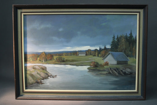 R. Huotari öljymaalaus, järvimaisema 1989, suomalainen taide, puukehys