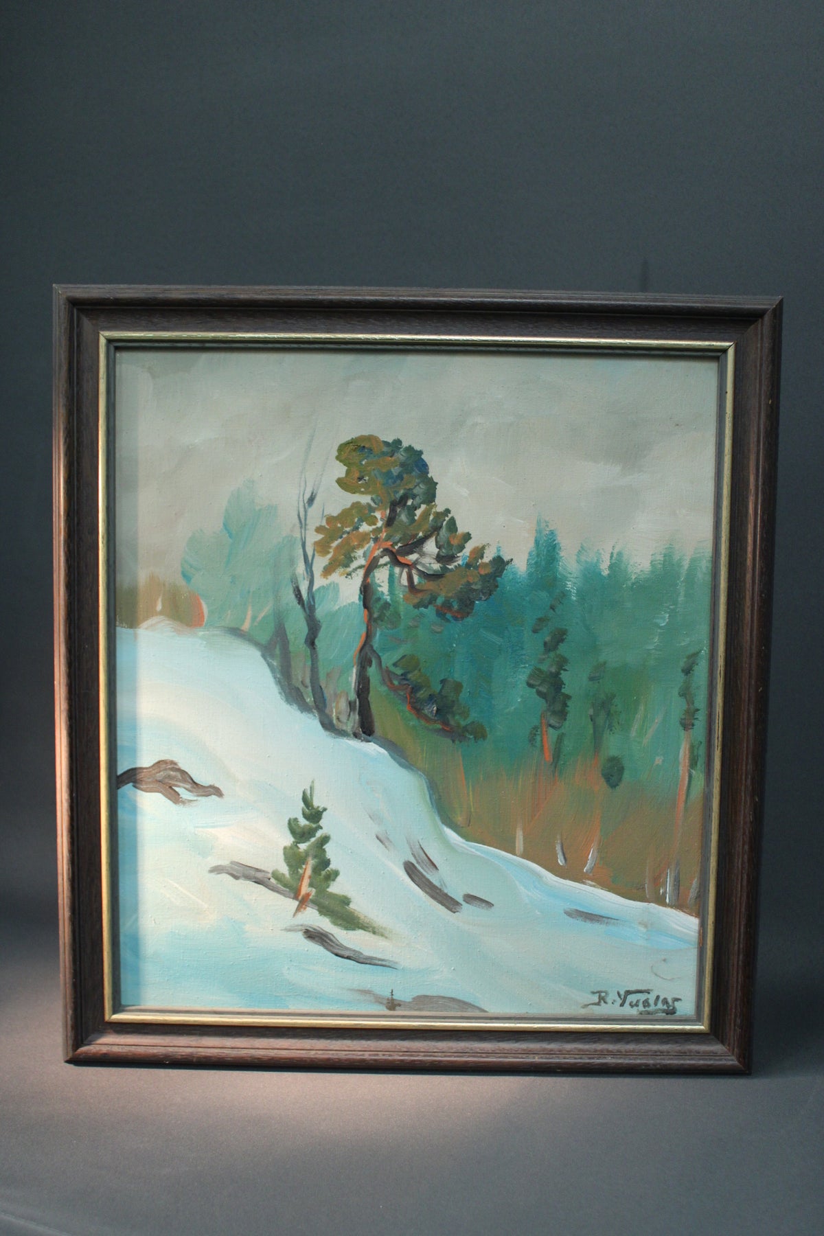"Risto Vuolasの油絵、急流の風景、フィンランドのアート、サイン入り絵画"